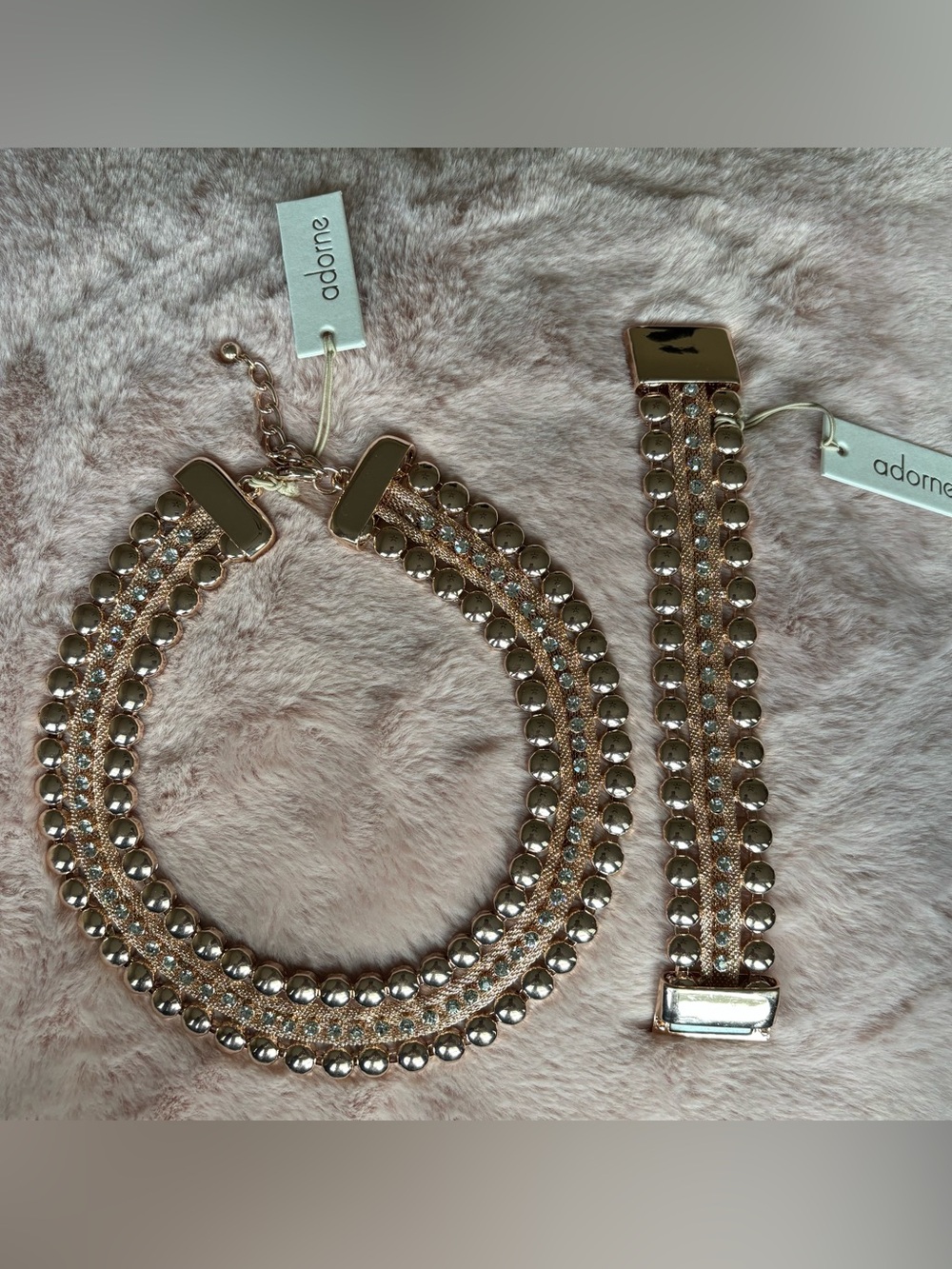 Adorne Rose Gold Multi-Row Statement Necklace & Bracelet Set